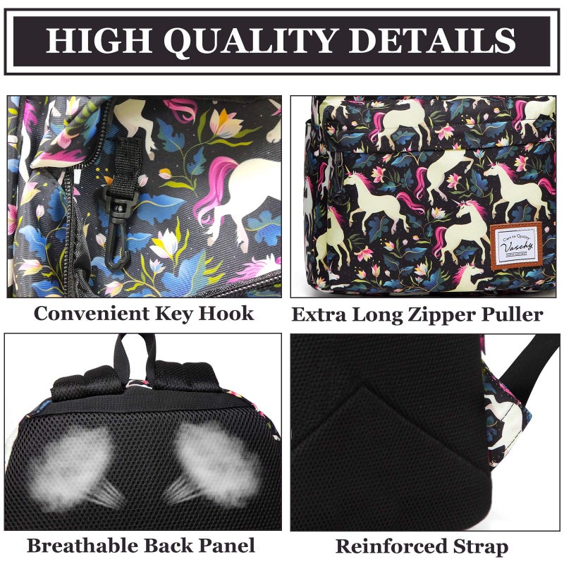VASCHY School Backpack for Girls, Cute Schoolbag Bookbag for Kids/Teens/Middle School/College/Work Backpack for Women, Black Unicorn - Image 5